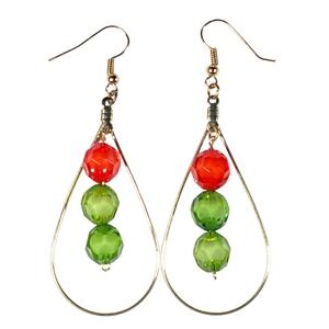 Handmade Red Green Beaded Teardrop Hoop Dangle Earrings Cherry Lime Strawberry
